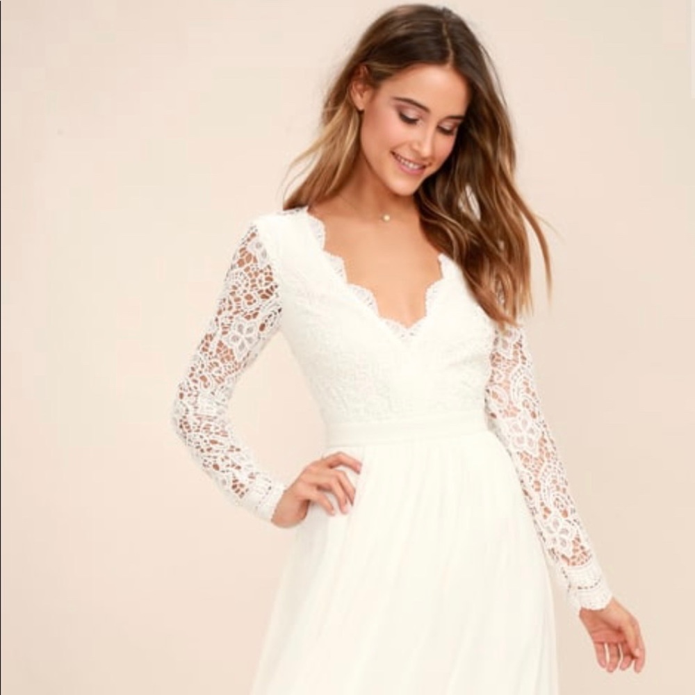 Lulu's White Lace Maxi Dress with Long Sleeves